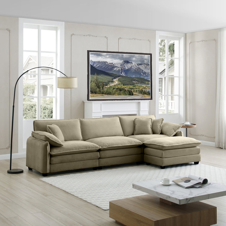 Kaoruko Oversize 3 Seater Sofa with One Footrest L Shaped Sectional Sofa with Ottoman for Living Rooms Latitude Run Body Fabric Beige Corduroy